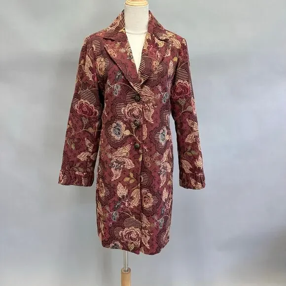 CAbi burgundy Jacobean burgundy floral jacquard tapestry long jacket Size 14